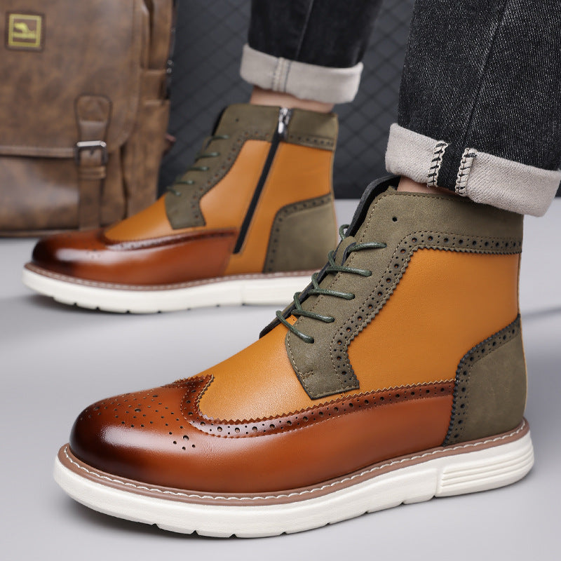 Bottines hybrides brogue marron et vert, détail perforations