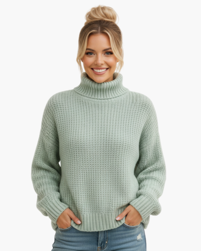 Pull Femme à Col Roulé – Maille Épaisse Structurée | Style Décontracté & Tendance