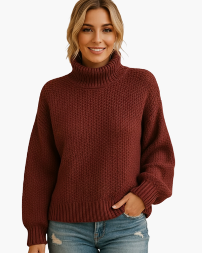 Pull Femme à Col Roulé – Maille Épaisse Structurée | Style Décontracté & Tendance