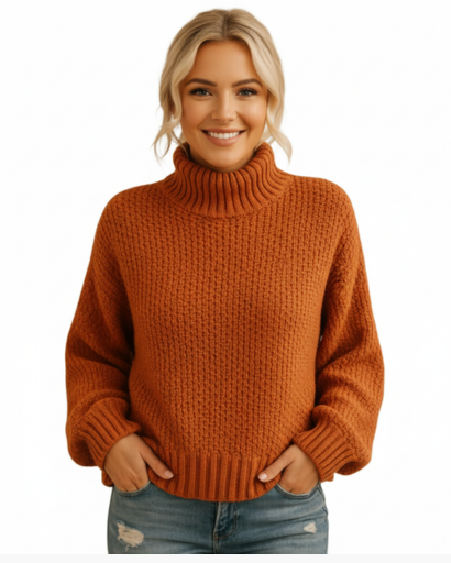 Pull Femme à Col Roulé – Maille Épaisse Structurée | Style Décontracté & Tendance