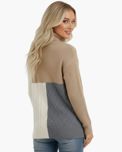 Pull Femme à Col Roulé – Design Colorblock | Maille Douce & Moderne