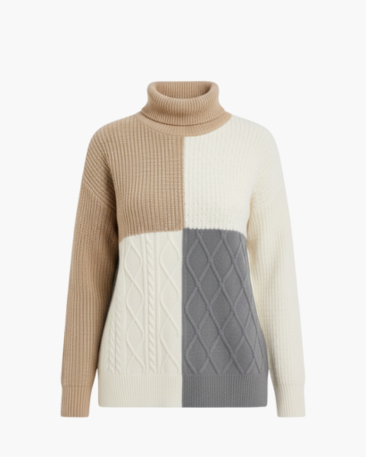 Pull Femme à Col Roulé – Design Colorblock | Maille Douce & Moderne
