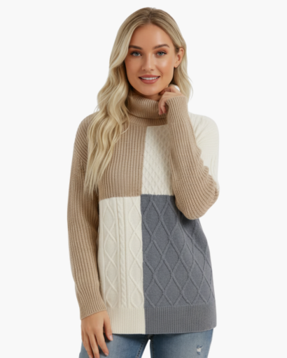 Pull Femme à Col Roulé – Design Colorblock | Maille Douce & Moderne