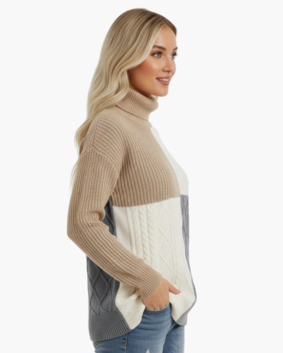 Pull Femme à Col Roulé – Design Colorblock | Maille Douce & Moderne