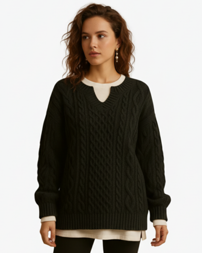 Pull femme maille torsadée – porté sur une chemise
