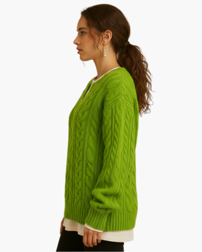 Pull femme maille torsadée – détail encolure ronde