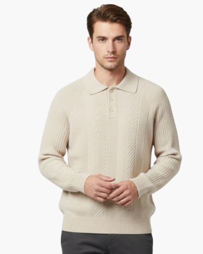 Pull pour homme en maille torsadée – Style polo élégant en laine mélangée