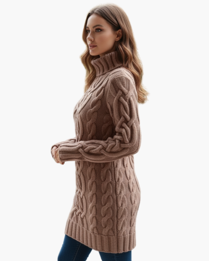 Robe Pull Col Roulé Femme – Tricot Torsadé Élégant et Chaud