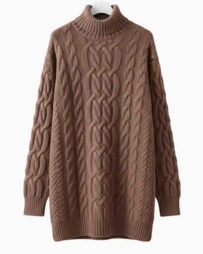 Robe Pull Col Roulé Femme – Tricot Torsadé Élégant et Chaud