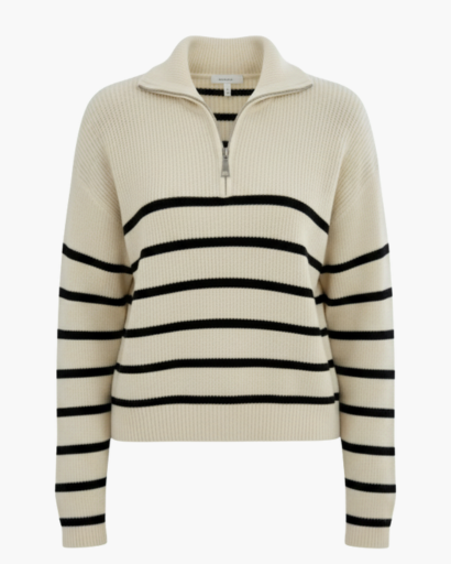 Pull femme rayé écru et noir, col zippé maille côtelée, présentation à plat