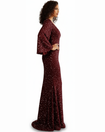 Robe Sirène Pailletée Femme Évasée – Manches Bouffantes & Glamour | Soirée & Cérémonie Chic