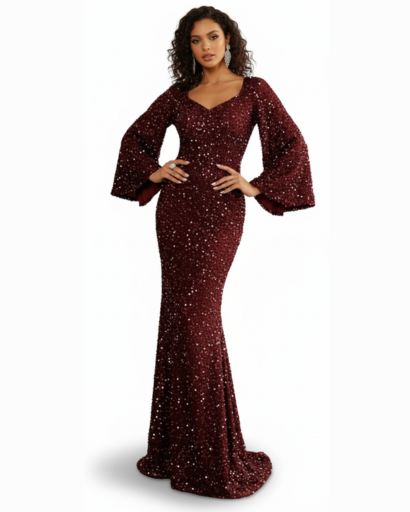 Robe Sirène Pailletée Femme Évasée – Manches Bouffantes & Glamour | Soirée & Cérémonie Chic