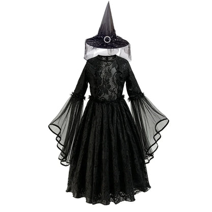 Robe gothique noire en dentelle avec chapeau de sorcière assorti