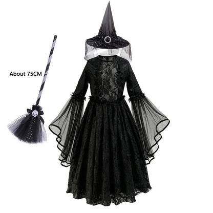 Robe gothique noire avec chapeau de sorcière et balai jouet