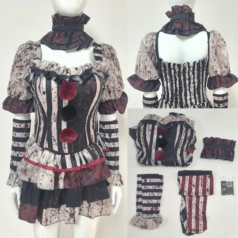 Costume clown effrayant vue de face et de dos avec détails des accessoires