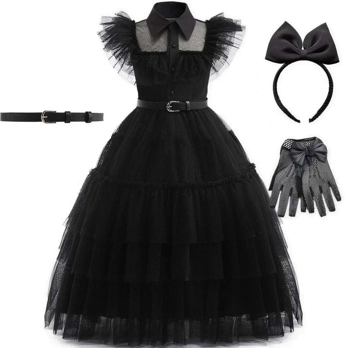 Robe noire gothique pour fille avec serre-tête à nœud et gants résille