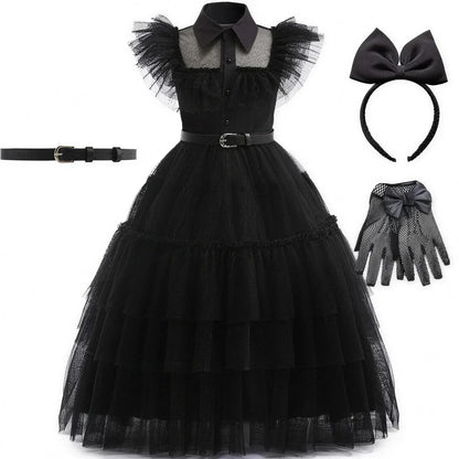 Robe noire gothique pour fille avec serre-tête à nœud et gants résille
