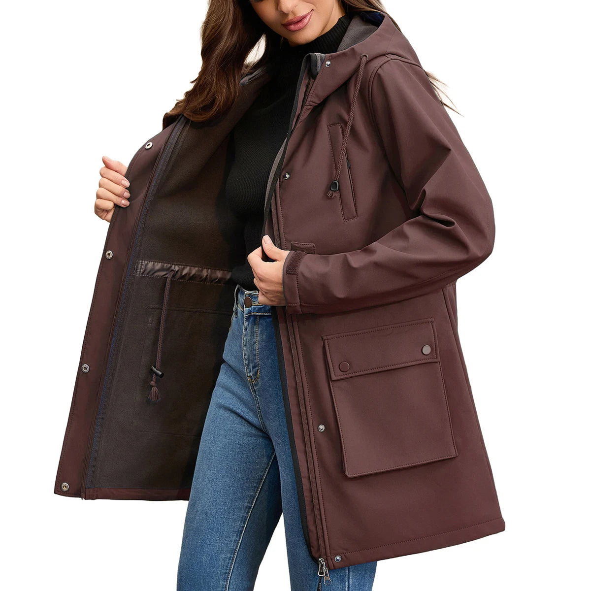 Trench imperméable femme à capuche, coloris café