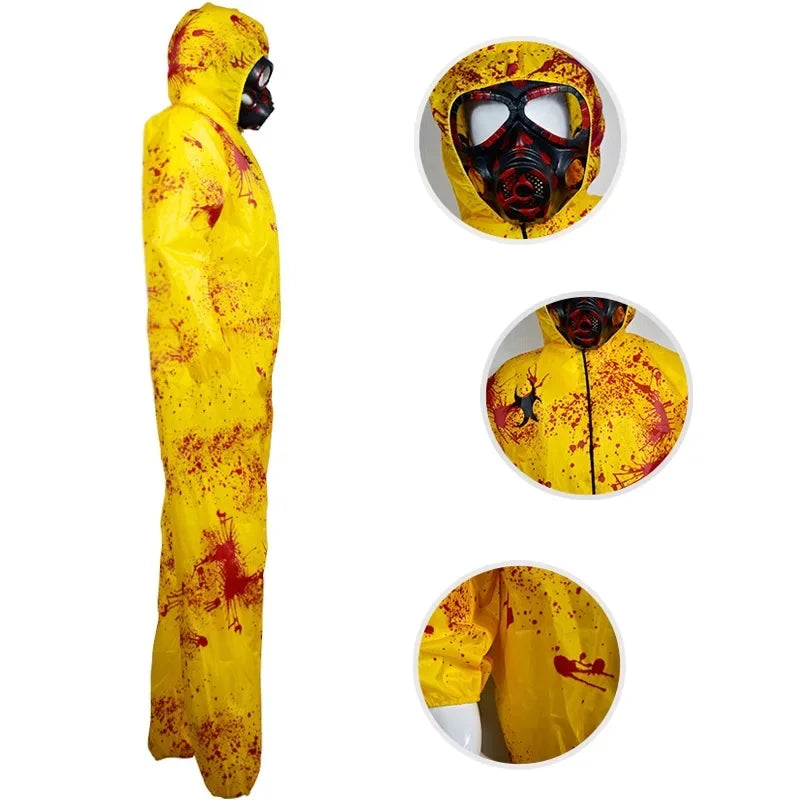 Costume hazmat vue de profil, masque à gaz et fermeture zippée