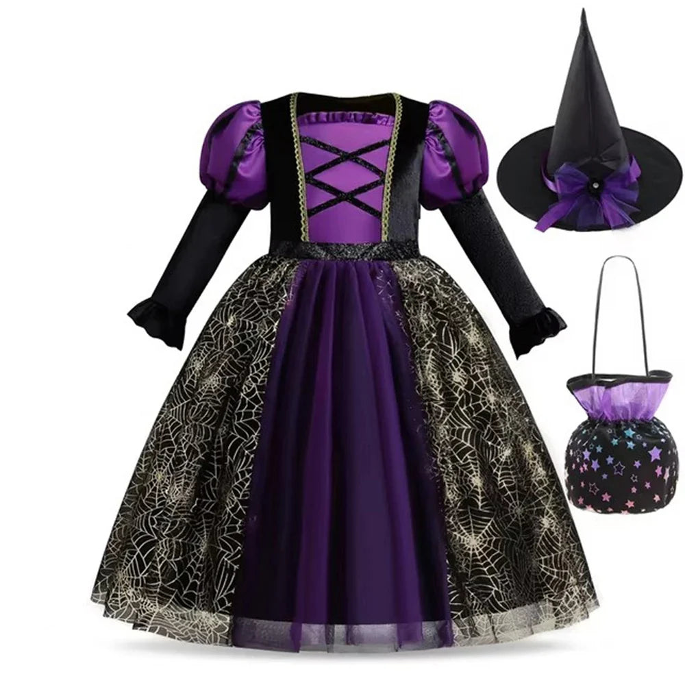 Robe de sorcière violette avec chapeau et sac à bonbons en forme d'étoile