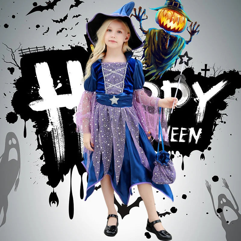 Fille en robe et chapeau de sorcière étoilée tenant une baguette, fond Happy Halloween