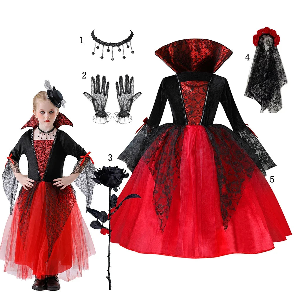 Fillette portant la robe gothique vampire rouge et noire avec collier, gants et voile