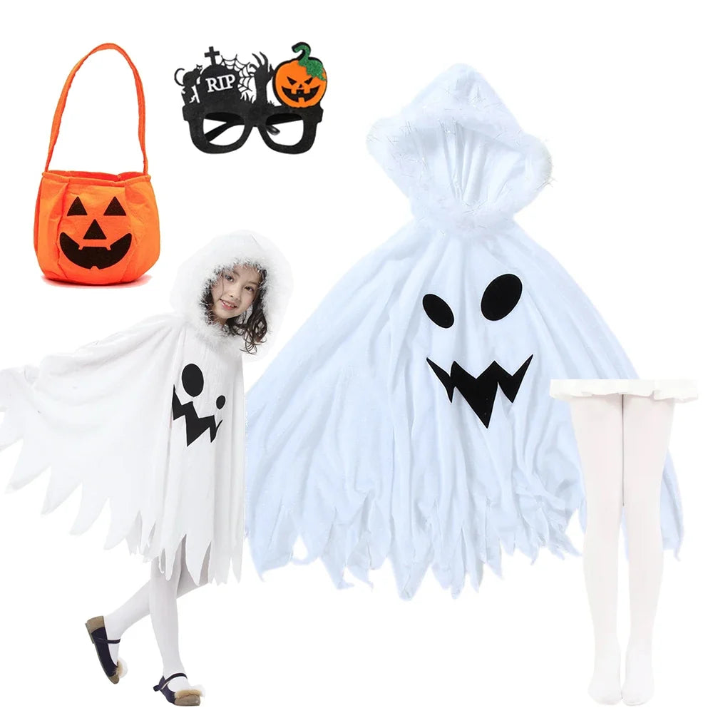 Ensemble complet cape de fantôme avec lunettes, collants et sac à bonbons citrouille
