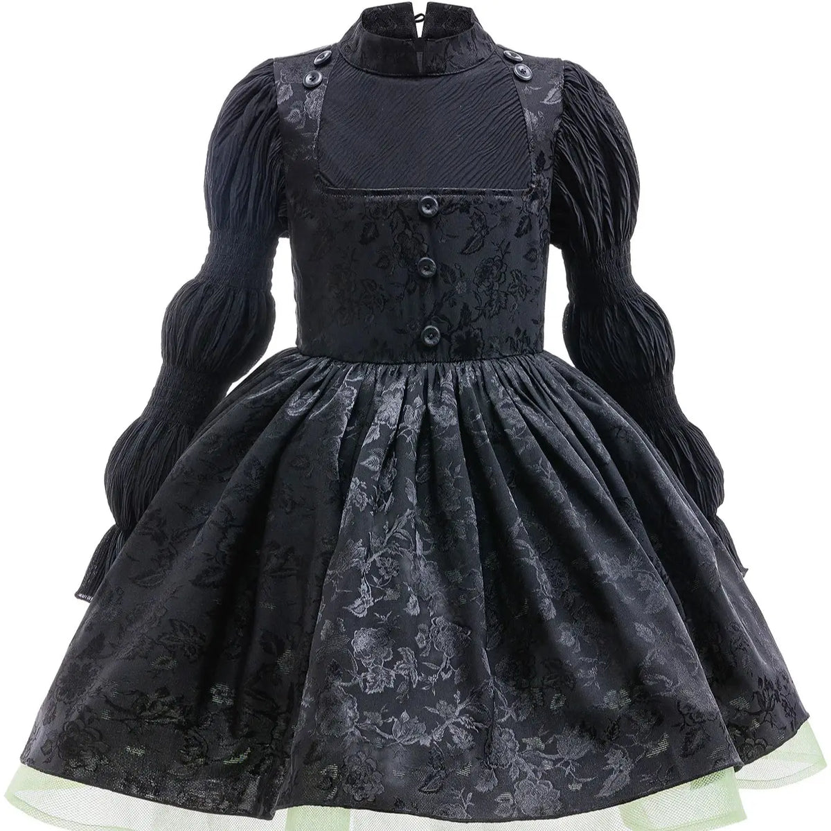 Robe de sorcière gothique fille, vue de face, jacquard noir à manches bouffantes