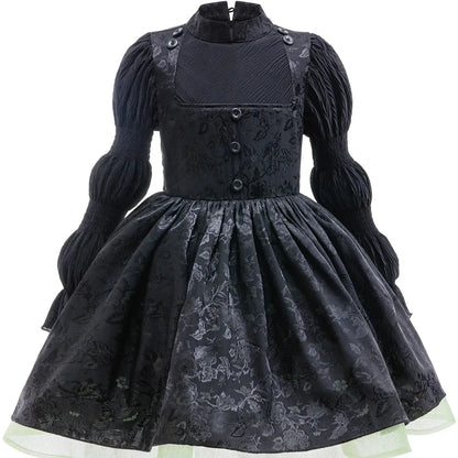 Robe de sorcière gothique fille, vue de face, jacquard noir à manches bouffantes
