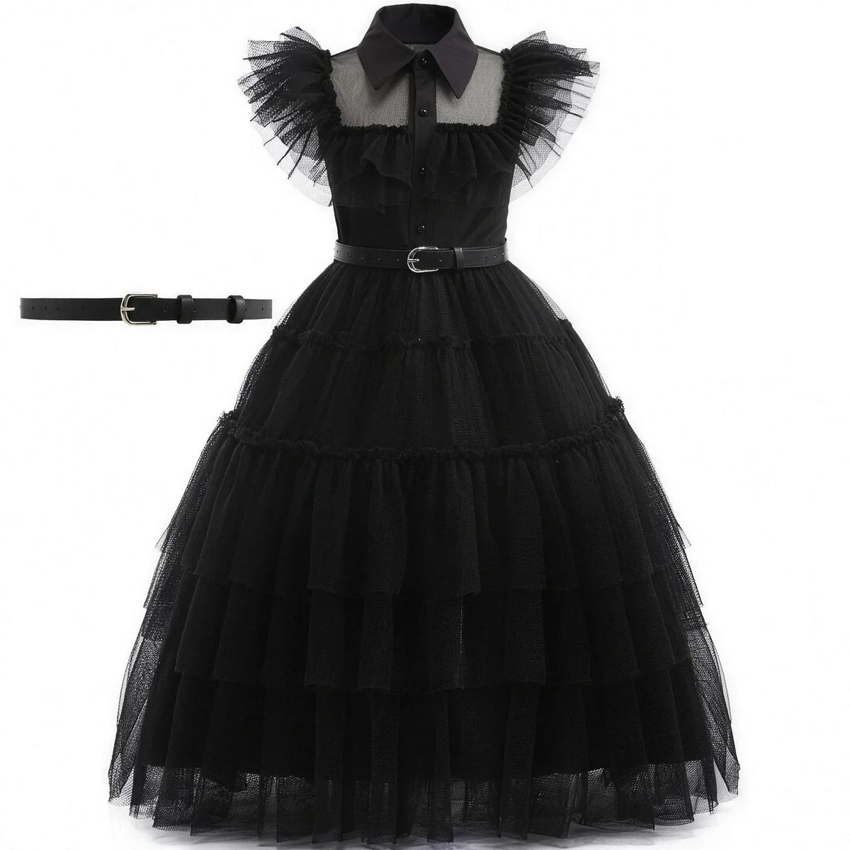 Robe noire gothique à volants avec ceinture pour fille, robe seule