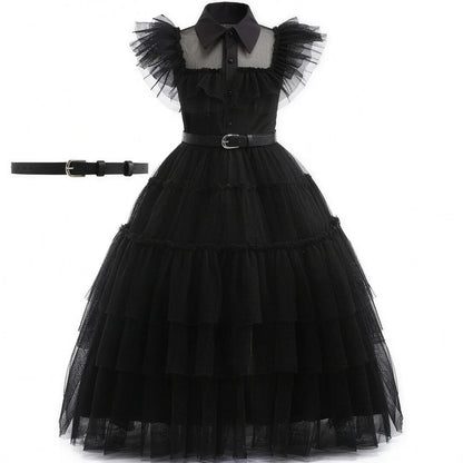 Robe noire gothique à volants avec ceinture pour fille, robe seule