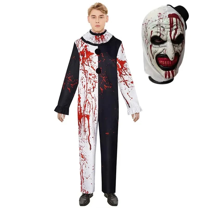 Costume clown effrayant homme, ensemble complet avec masque, vue de face