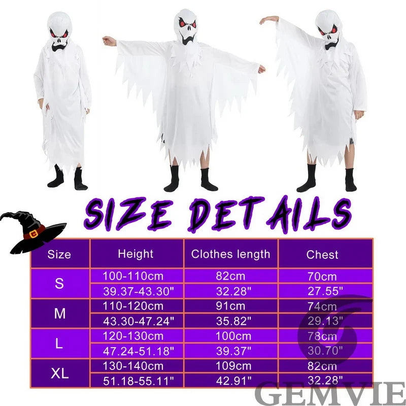Tableau des tailles du fournisseur pour le costume de fantôme blanc enfant (indicatif)