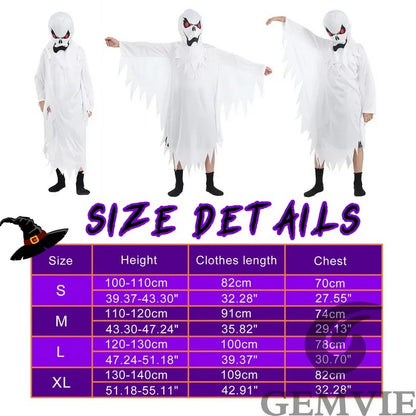 Tableau des tailles du fournisseur pour le costume de fantôme blanc enfant (indicatif)