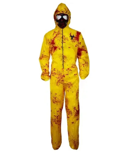 Costume hazmat porté avec capuche et masque à gaz, vue de face