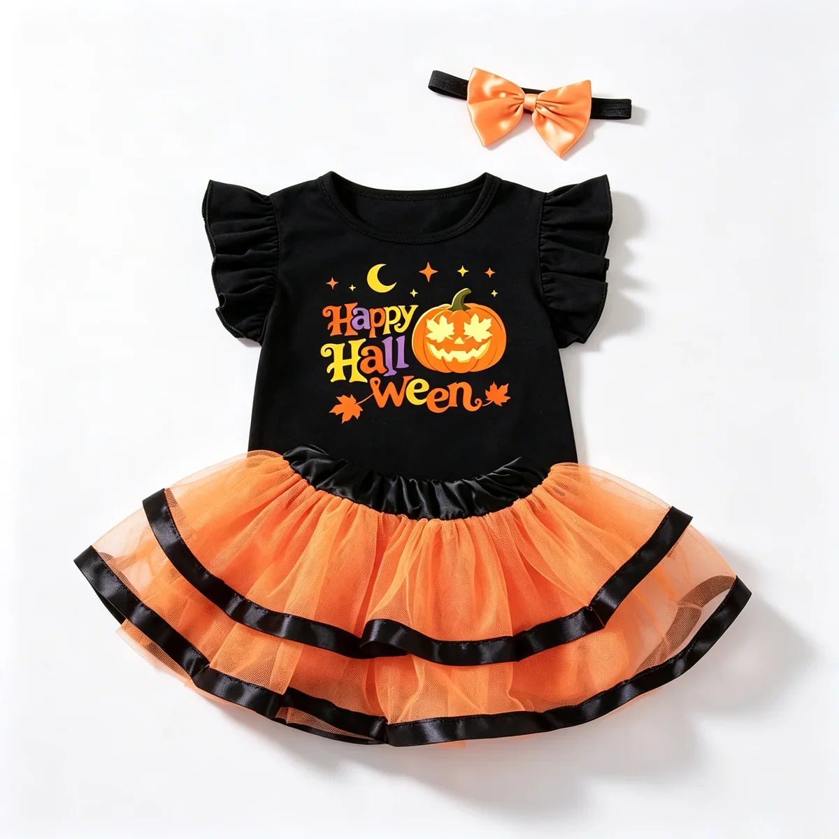 Ensemble tutu Halloween bébé, jupon orange, haut imprimé Trick or Treat