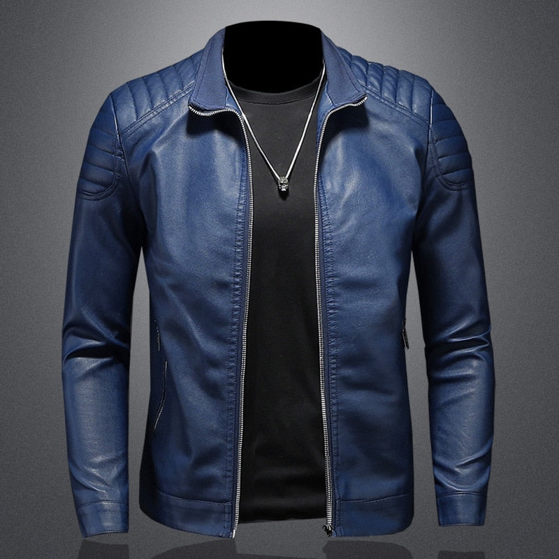 Veste homme similicuir bleu saphir, coupe classique structurée