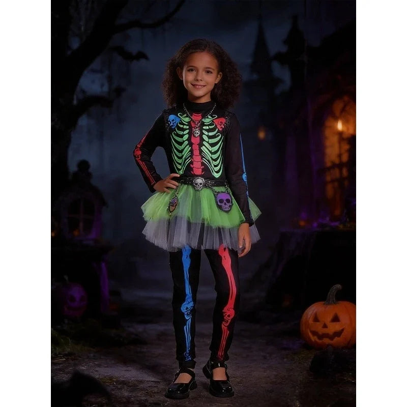 Fille portant le costume tutu squelette marron multicolore avec gants