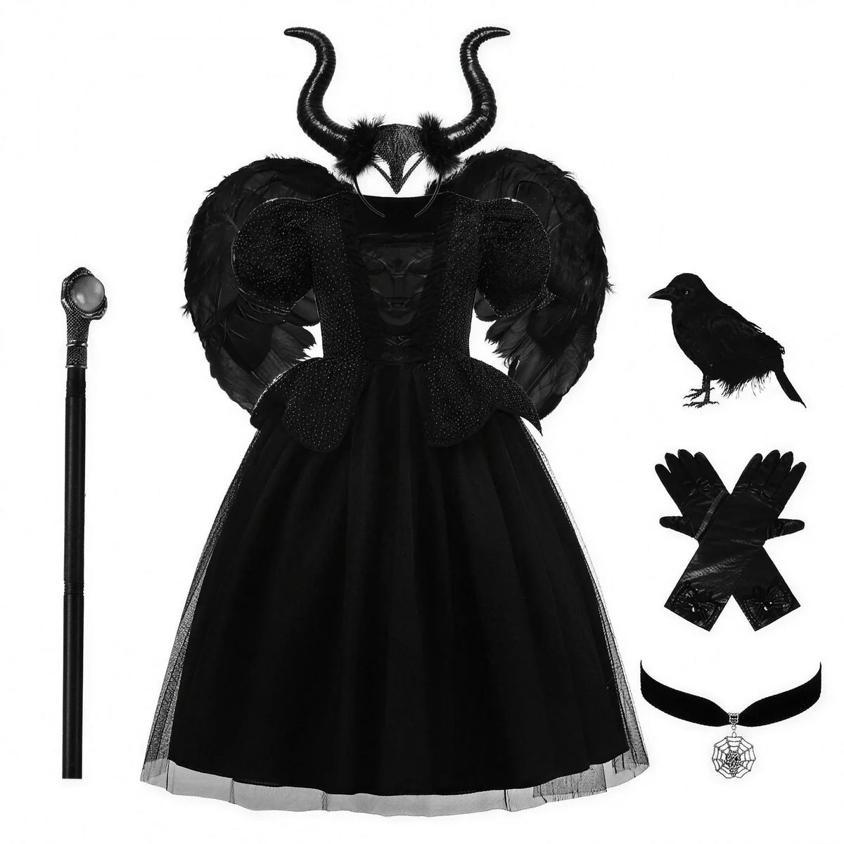 Costume de reine maléfique avec serre-tête à cornes, ailes et bâton