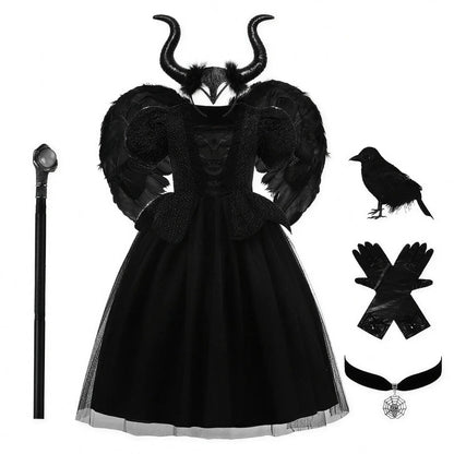 Costume de reine maléfique avec serre-tête à cornes, ailes et bâton