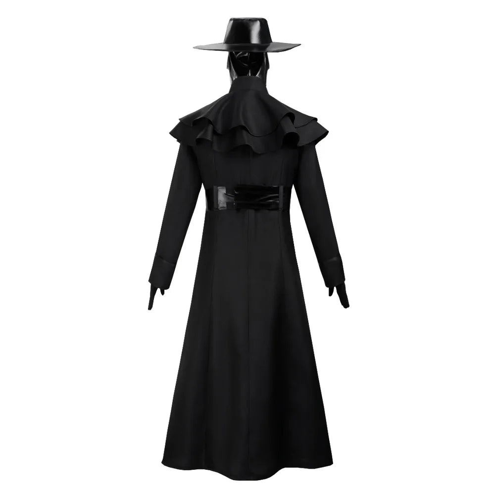 Costume médecin de la peste steampunk, vue arrière avec cape à volants