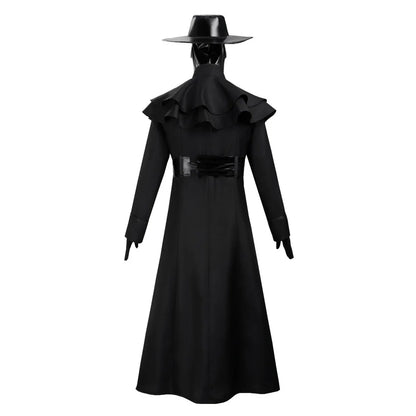 Costume médecin de la peste steampunk, vue arrière avec cape à volants