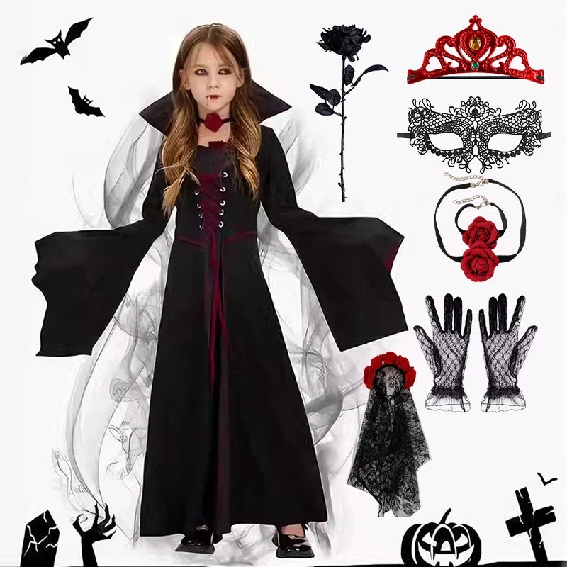 Costume de reine vampire avec tous les accessoires inclus, présentés à plat