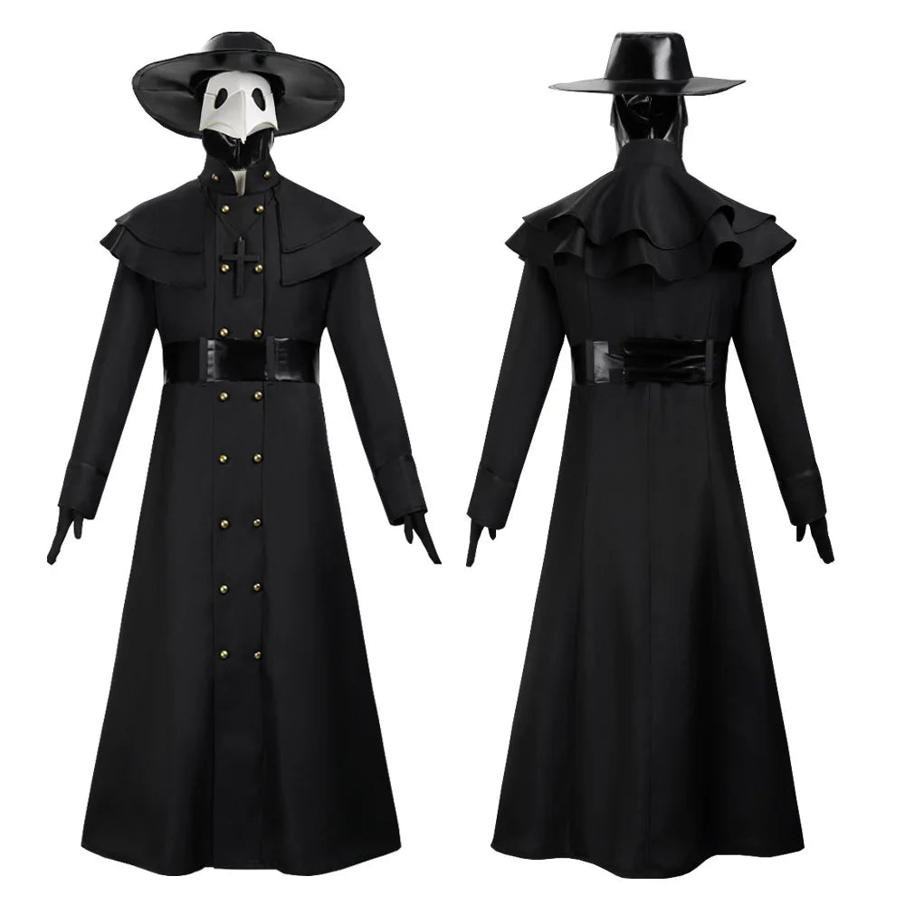 Costume médecin de la peste steampunk, vue avant et arrière avec masque et chapeau