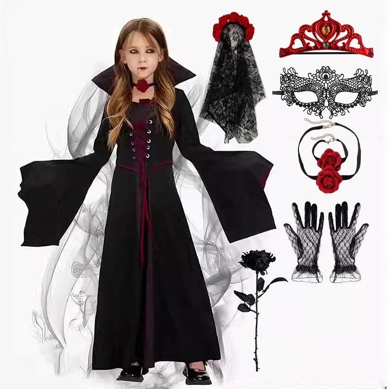Ensemble complet de reine vampire avec tous les accessoires et rose décorative