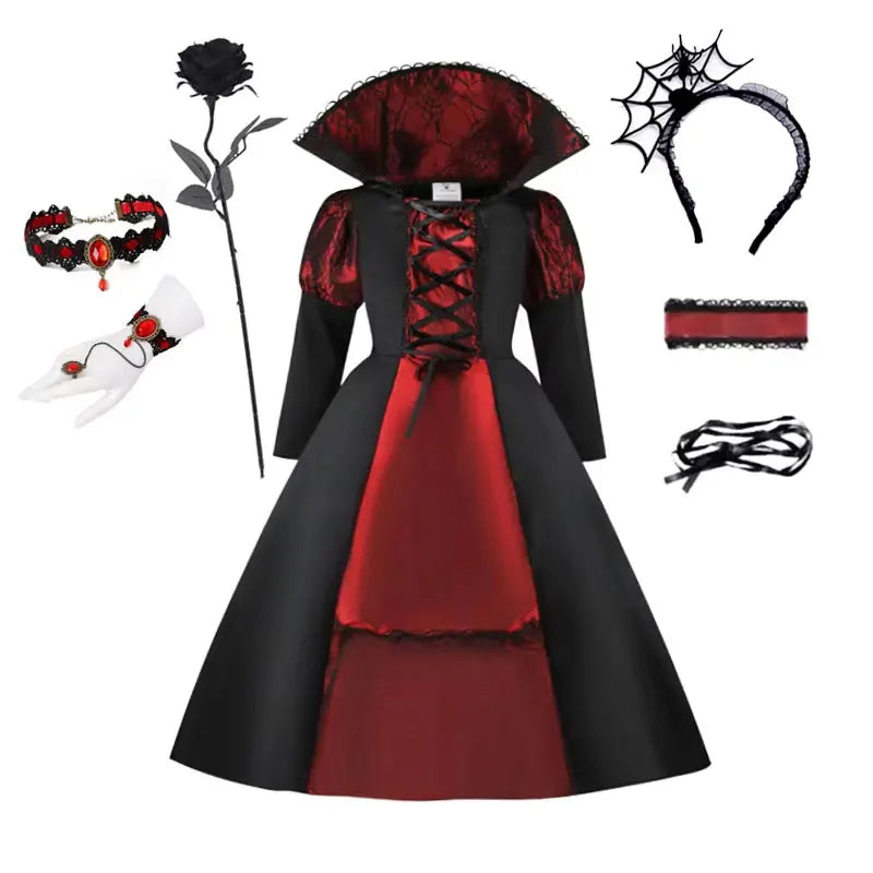 Robe de costume mariée vampire pour fille avec serre-tête, rose, bracelet et gants