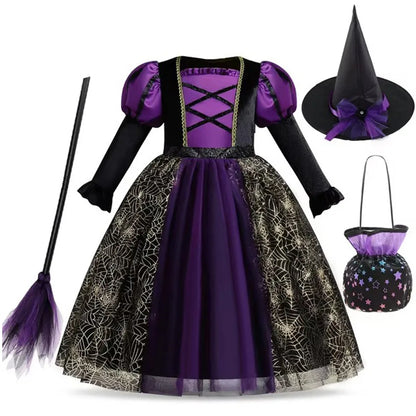 Ensemble déluxe de costume de sorcière violette avec robe, chapeau, sac et balai