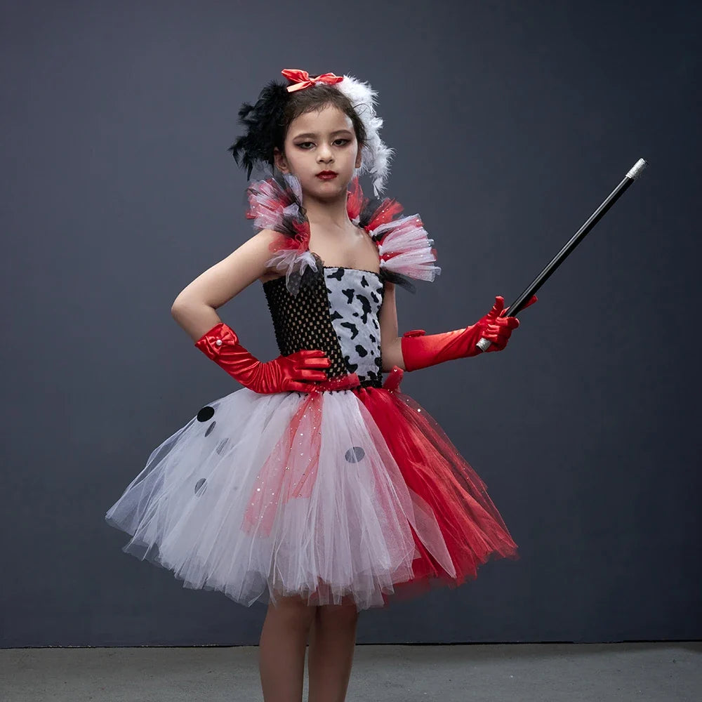 Costume de vilaine pour fille avec corsage à pois et jupe en tulle superposée
