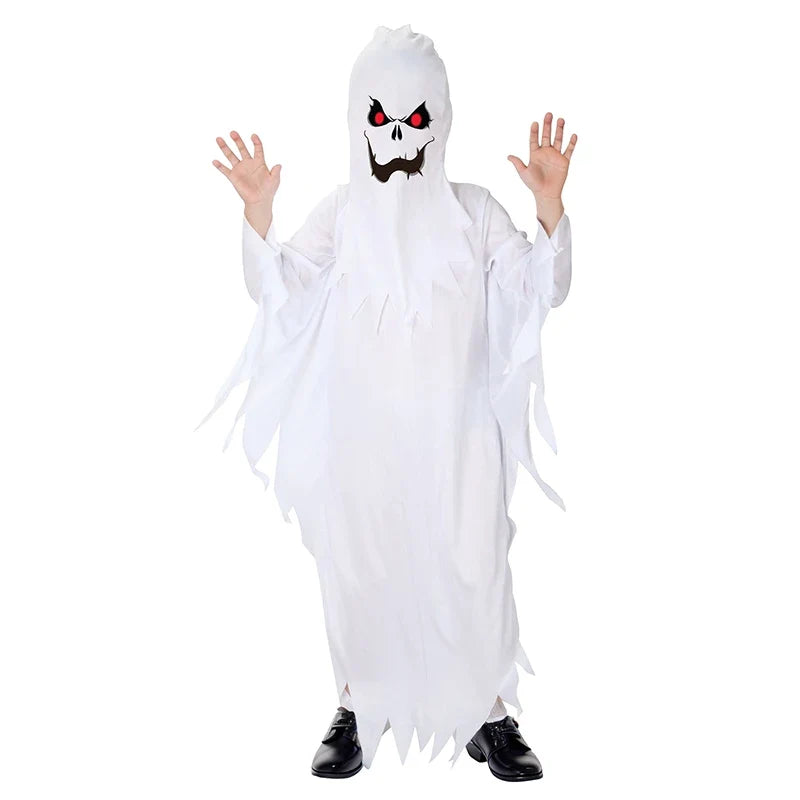 Costume de fantôme blanc pour enfant avec visage effrayant imprimé, vue de pied en cap