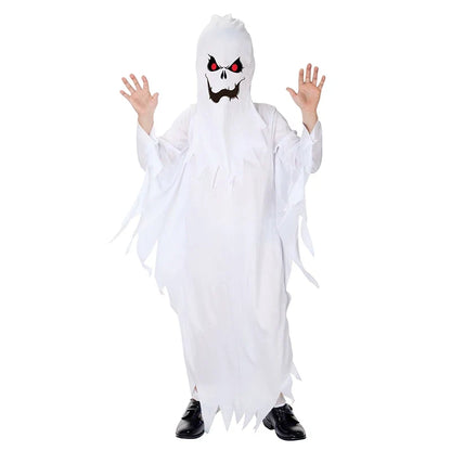 Costume de fantôme blanc pour enfant avec visage effrayant imprimé, vue de pied en cap
